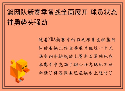 篮网队新赛季备战全面展开 球员状态神勇势头强劲