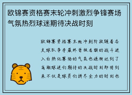 欧锦赛资格赛末轮冲刺激烈争锋赛场气氛热烈球迷期待决战时刻