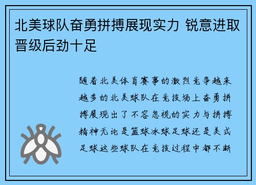 北美球队奋勇拼搏展现实力 锐意进取晋级后劲十足